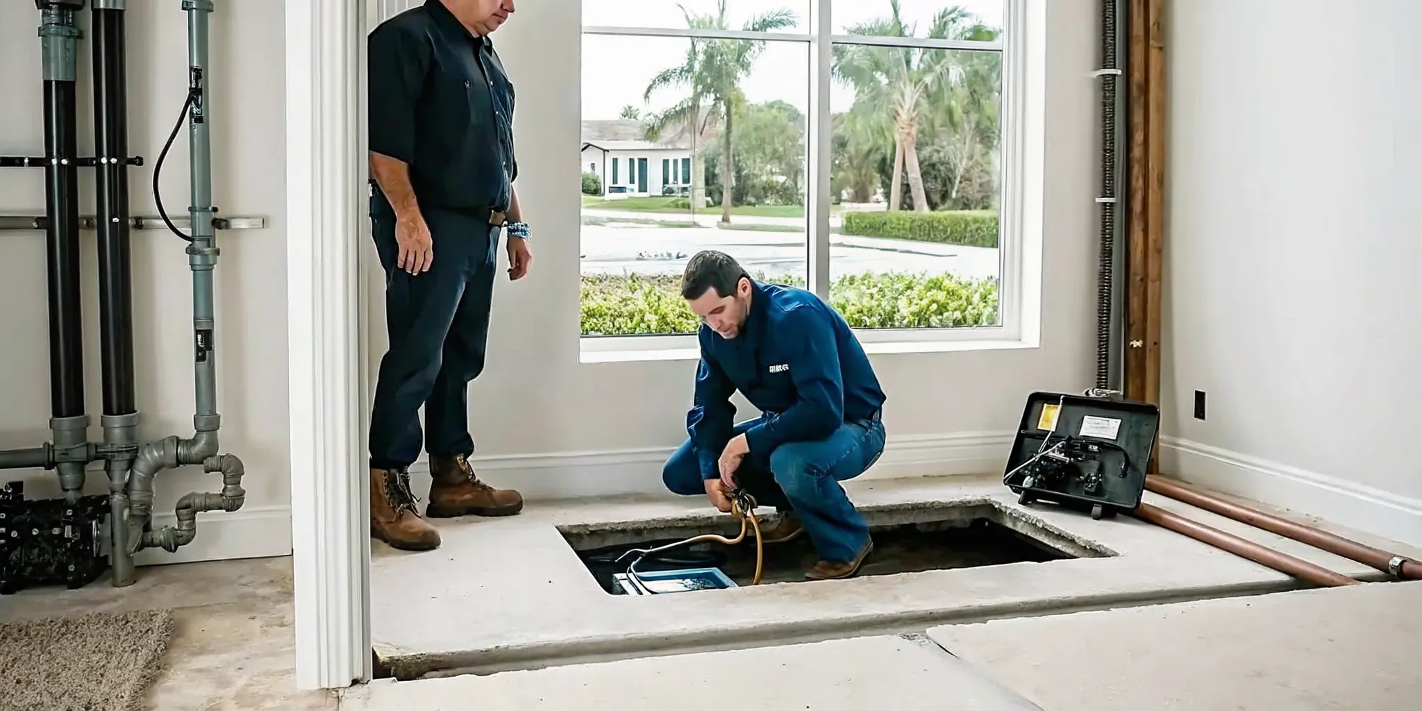 Plumber using diagnostic equipment for slab leak detection in a Fort Myers home