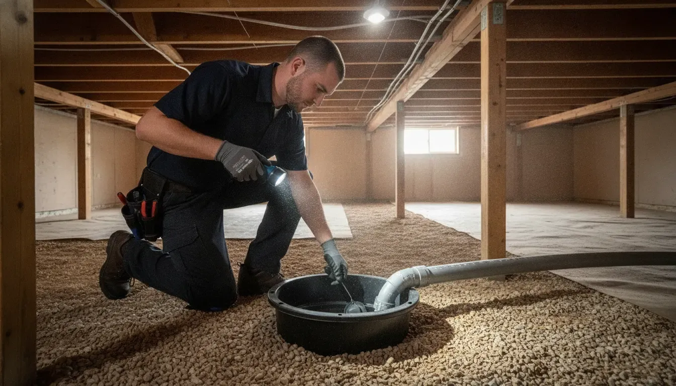Plumber inspecting a sump pump basin and float switch in a crawlspace