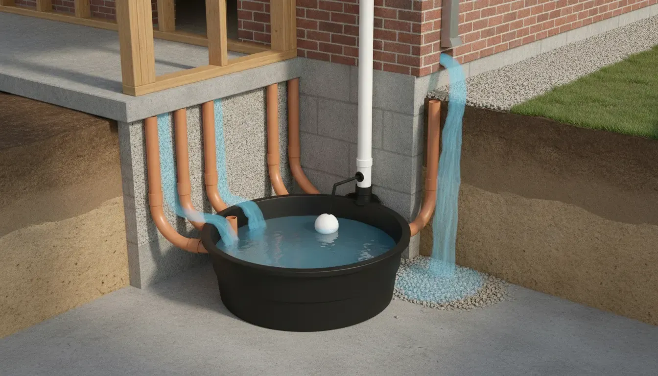 Sump basin showing the path of collected water toward a pump