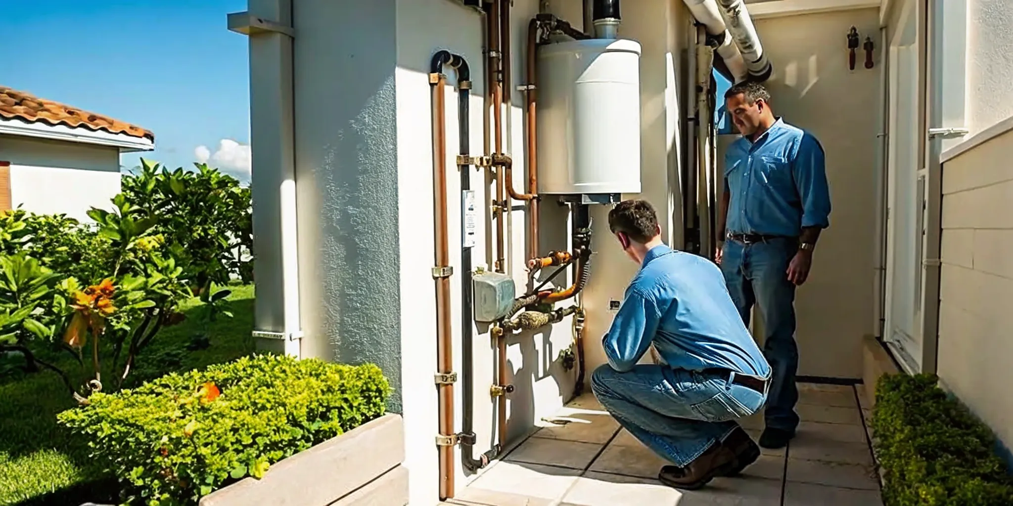 Plumber inspecting connections during tankless water heater installation in Cape Coral FL