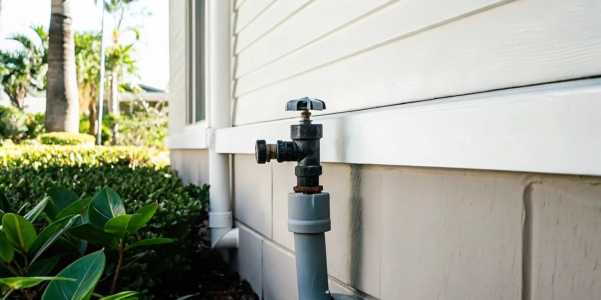 Main water shutoff gate valve located on the side of a Southwest Florida home