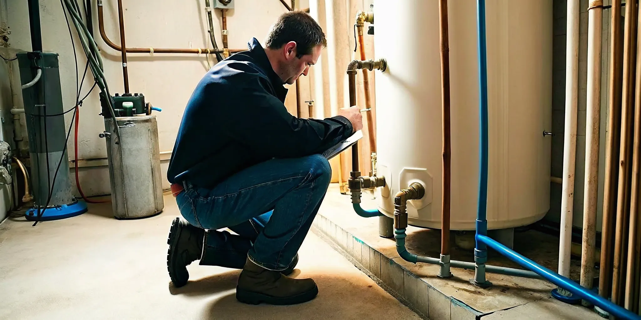 Plumber inspecting a residential water heater for warning signs