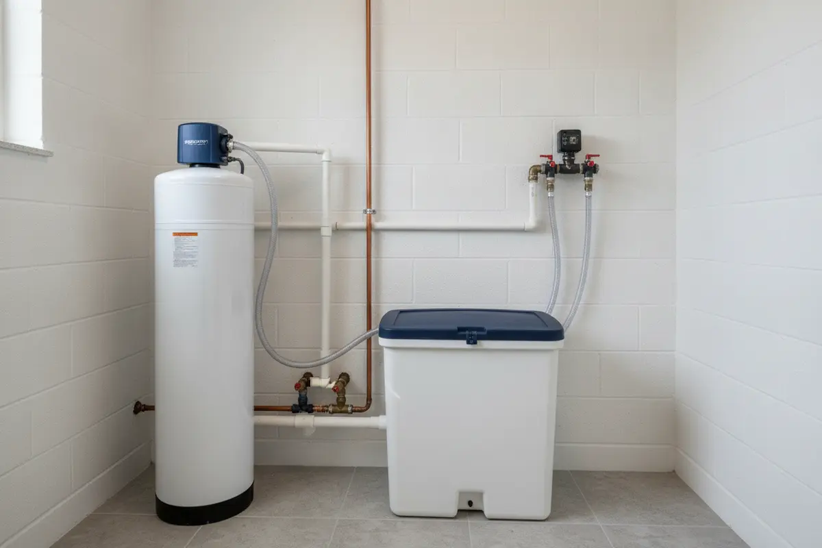 Water softener and brine tank installed beside household plumbing