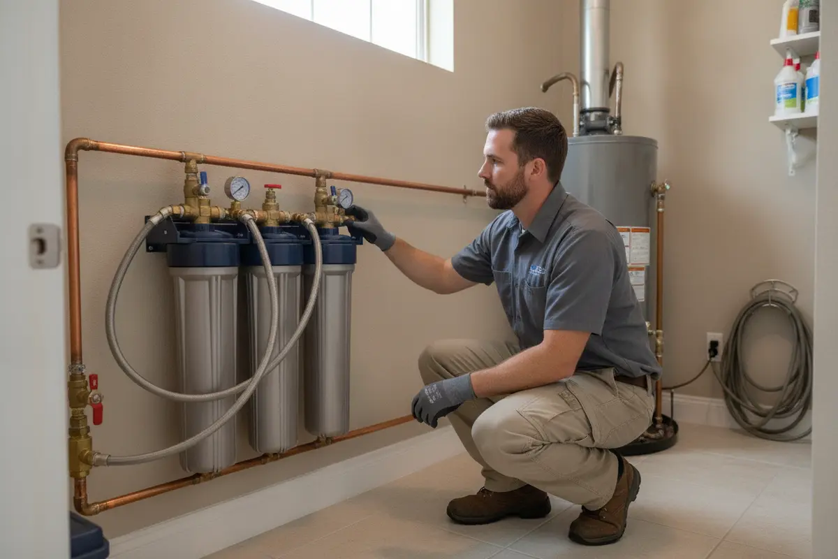 Whole-house water filter connected to a home's main water line