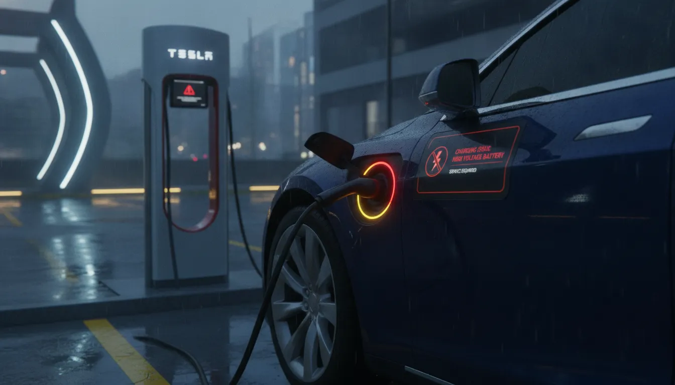 Tesla EV high-voltage battery charging issue showing port warning light