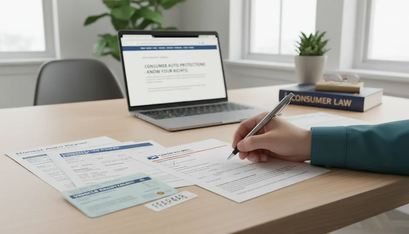 Person preparing a certified demand letter to a vehicle manufacturer with repair documents and VIN information on a desk
