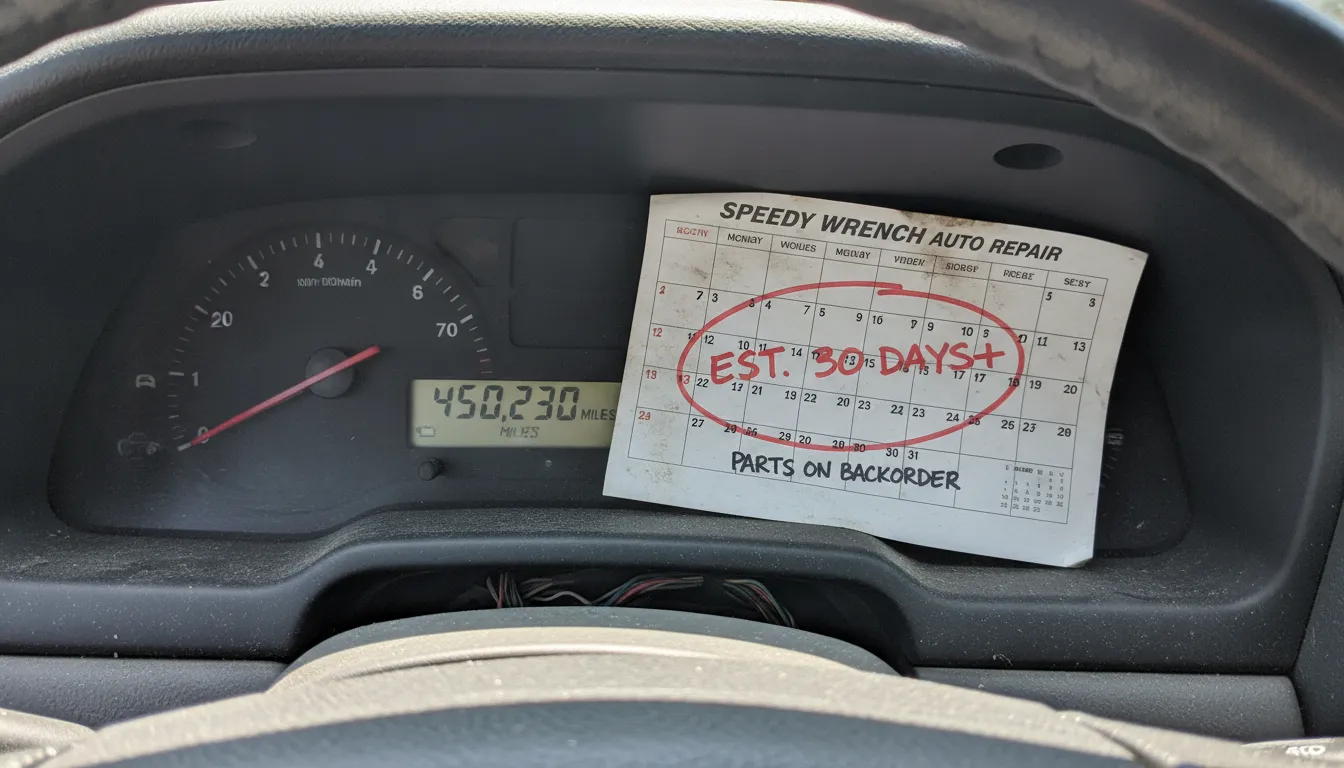 Vehicle dashboard showing odometer reading alongside a repair shop calendar indicating extended service duration