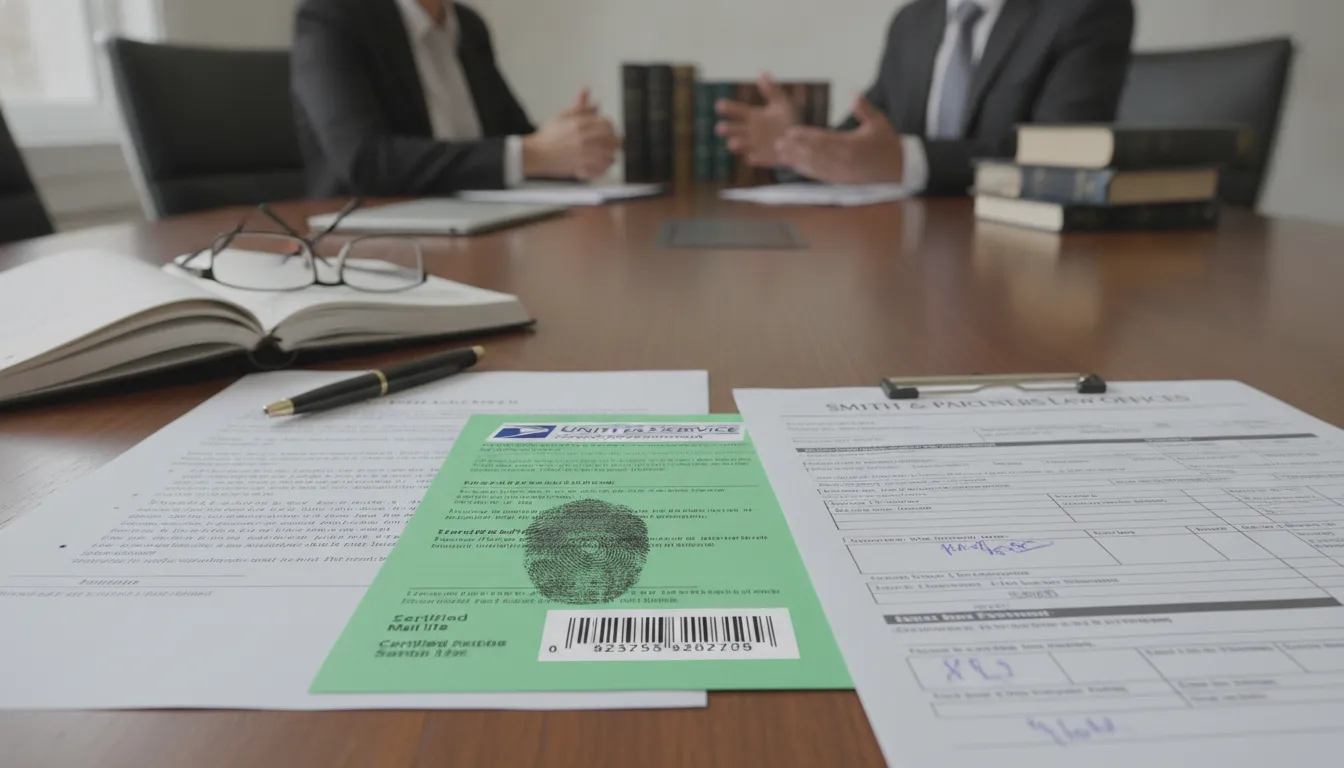 Legal documents including certified mail receipt and vehicle repair orders spread on a desk