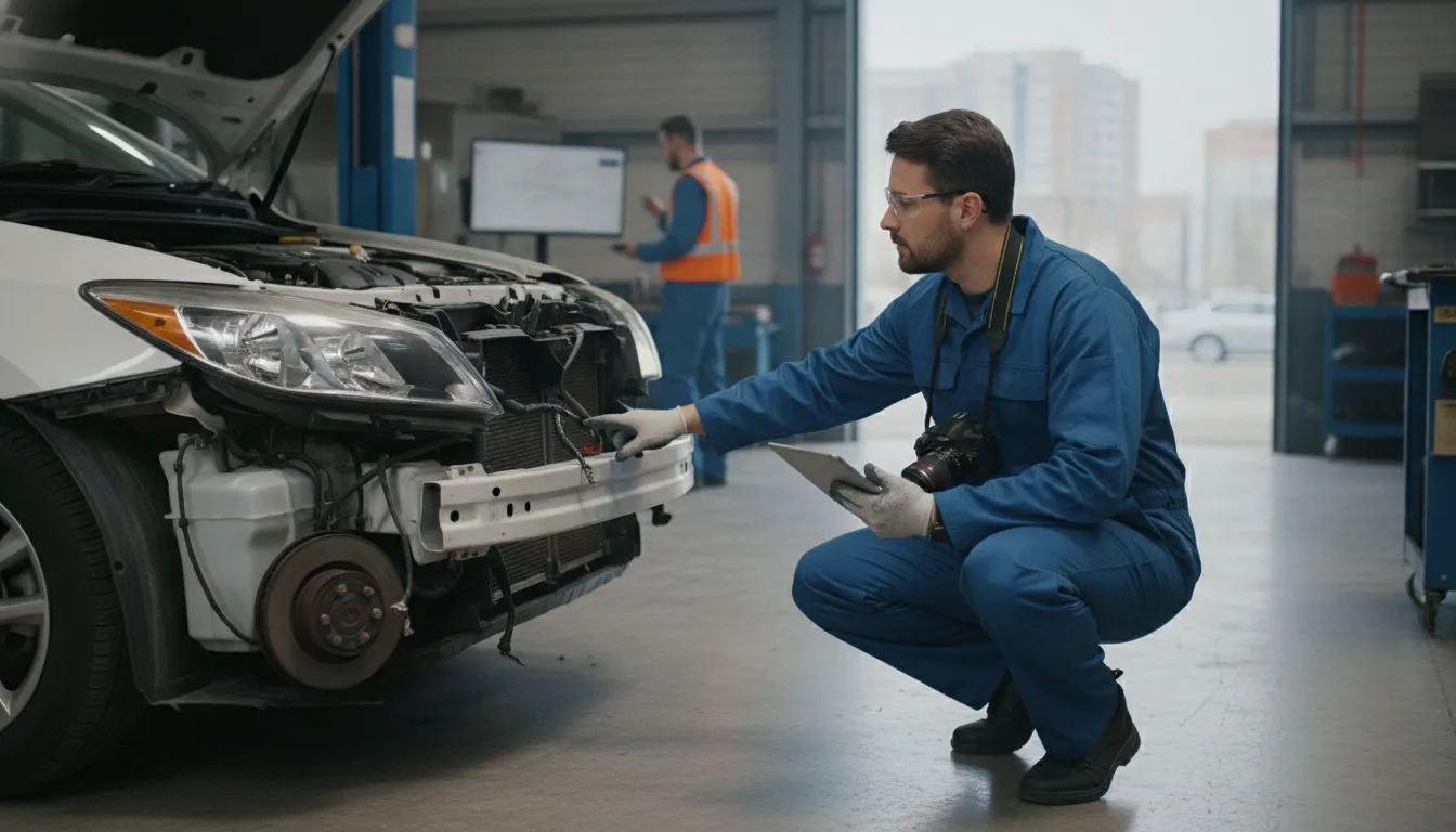 Technician documenting collision damage for a lemon law after accident review