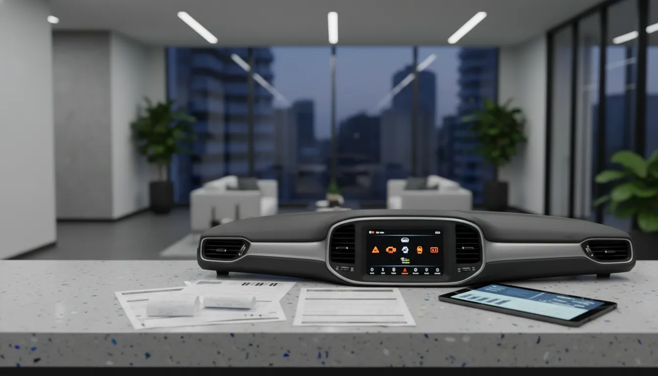 Jeep dashboard warning lights and repair paperwork for a lemon law claim