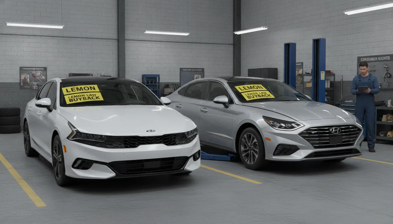 Kia and Hyundai vehicles in a repair garage bay with lemon law documentation