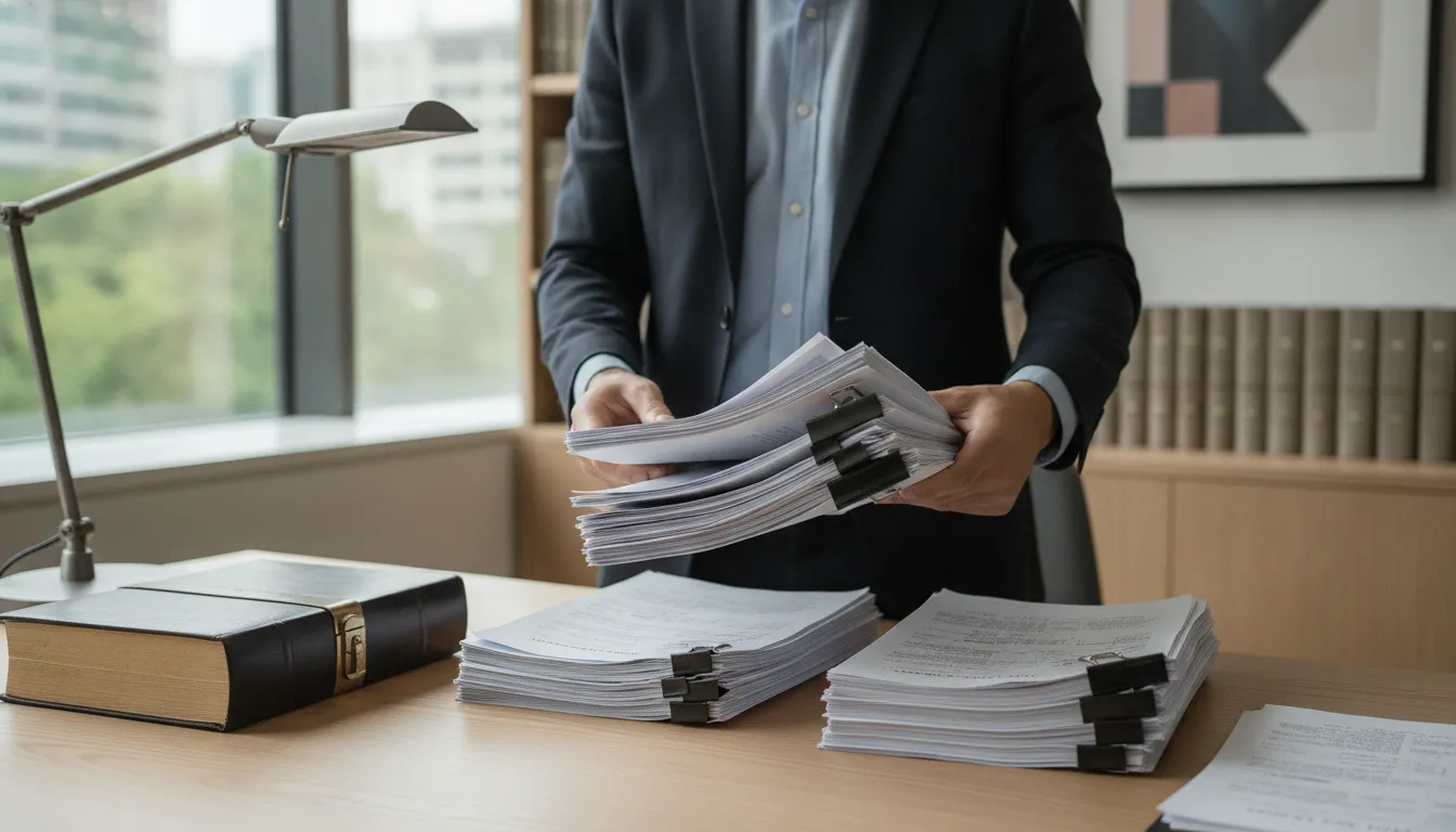 A legal professional reviewing vehicle warranty documents and repair orders at a law office desk