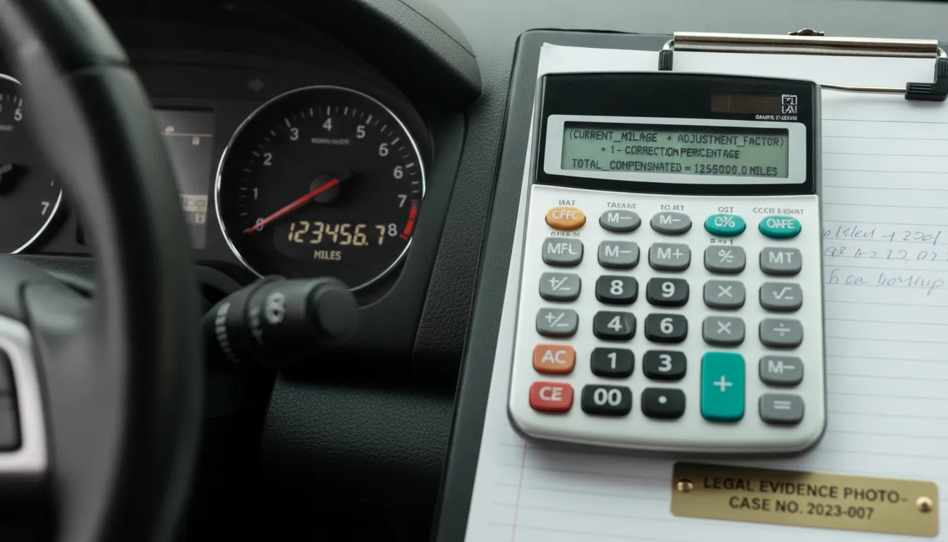 Vehicle odometer and dashboard with a calculator showing a Michigan lemon law mileage offset formula calculation