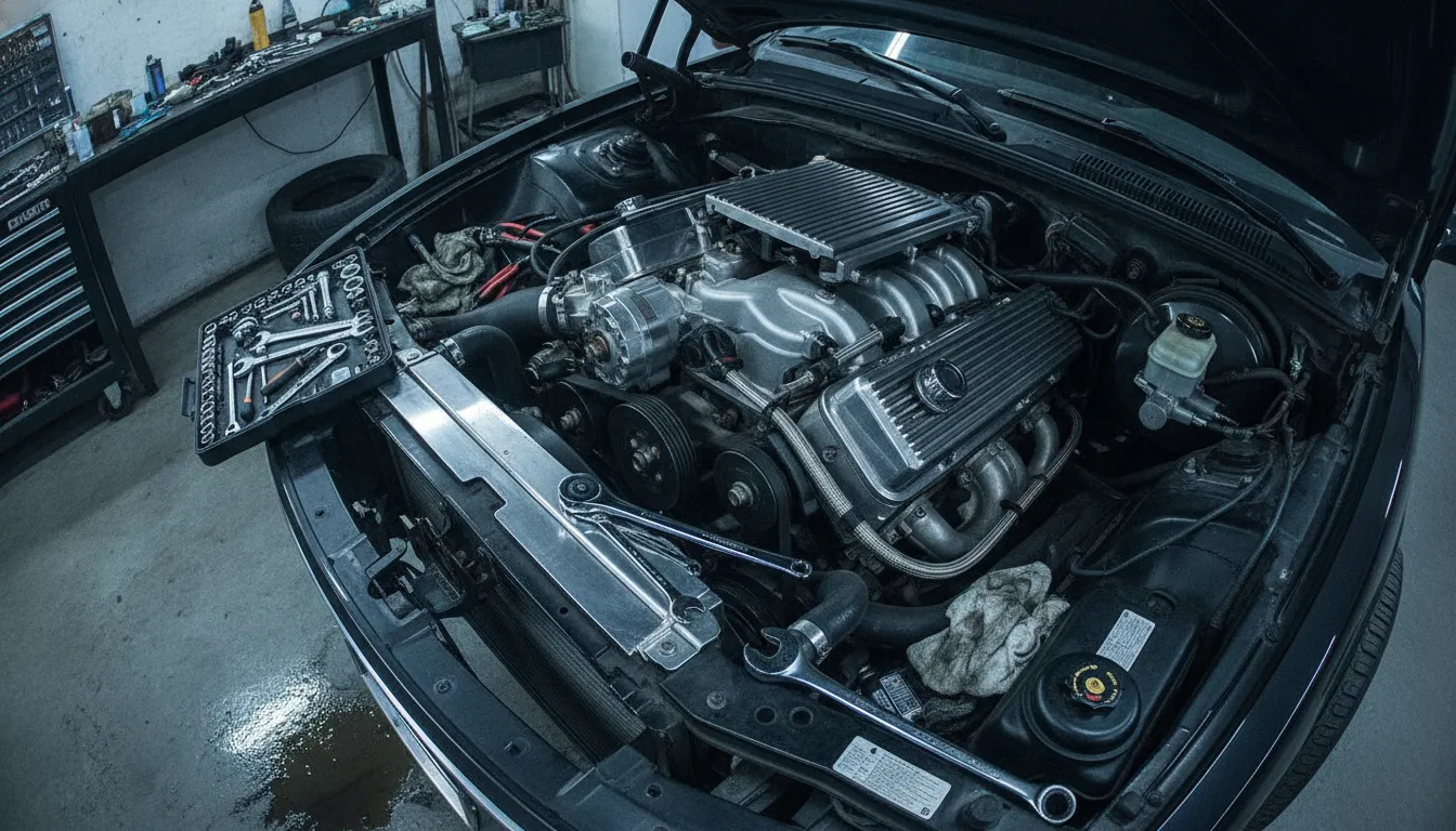 A car engine bay with professional mechanic tools during a manufacturer warranty repair service