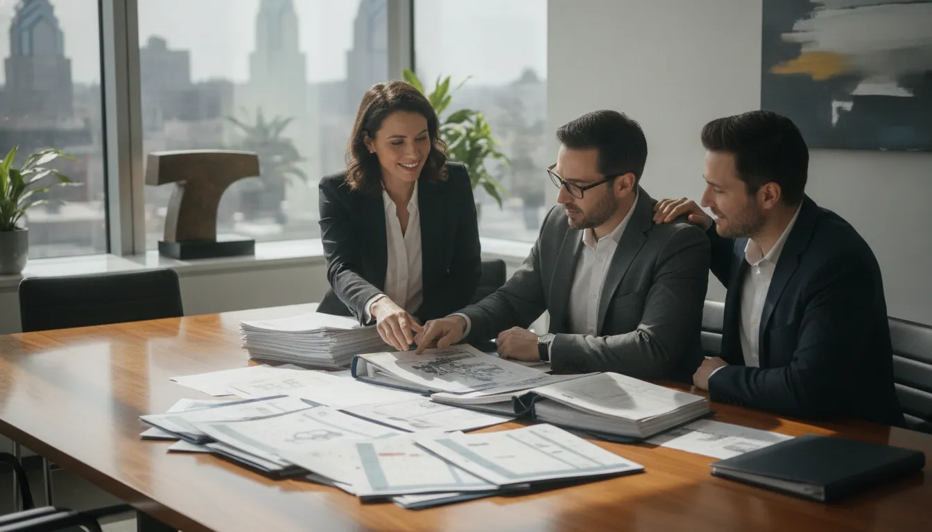 Law firm team reviewing a Pennsylvania driver's vehicle repair history together