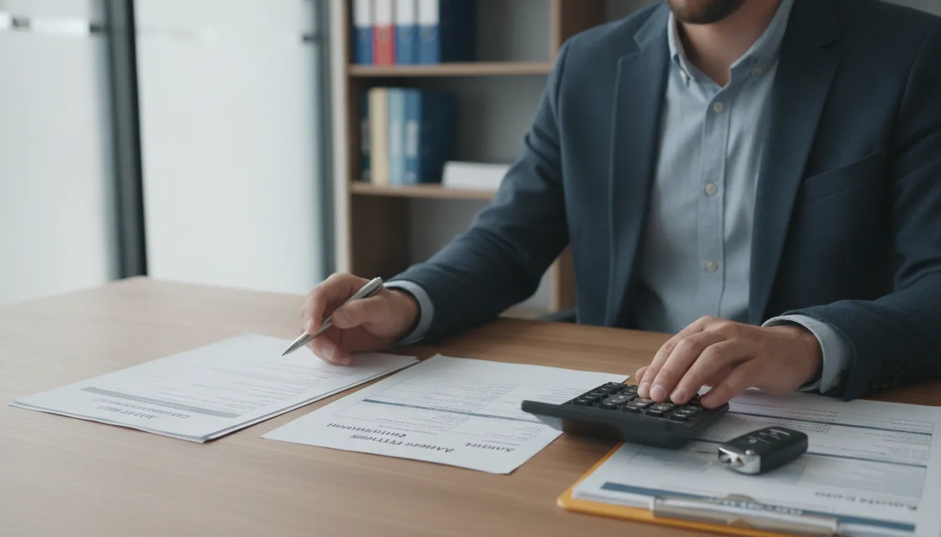 Auto loan contract, trade-in paperwork, payoff statement, calculator, and car key