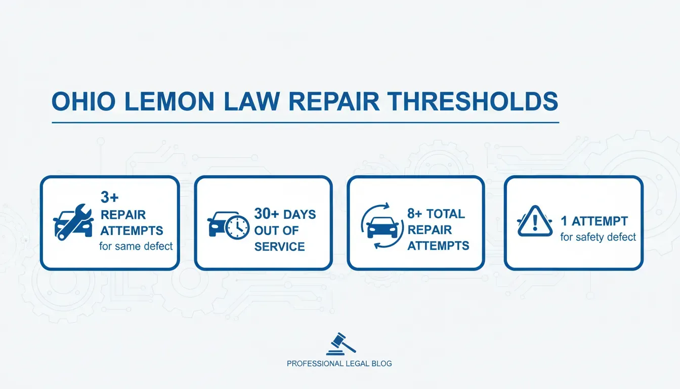 Infographic showing the four Ohio lemon law repair presumption thresholds including 3 repair attempts, 30 days out of service, 8 total repairs, and 1 safety defect attempt