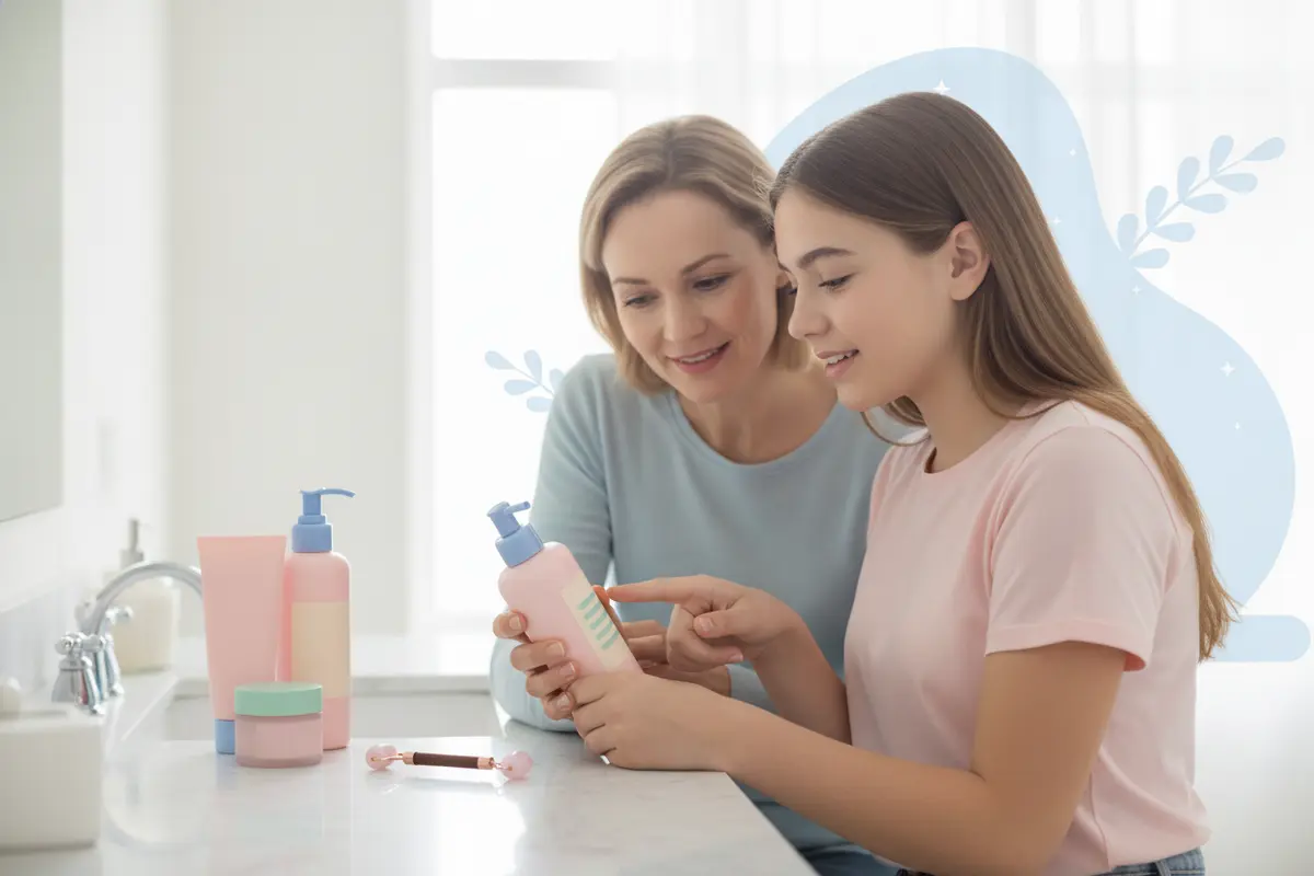A parent and teen girl review a skincare ingredient list together