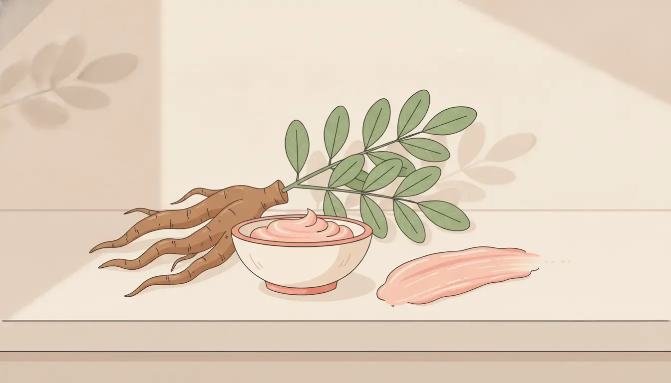 Ashwagandha roots and leaves beside a cream swatch for topical skincare ingredient education