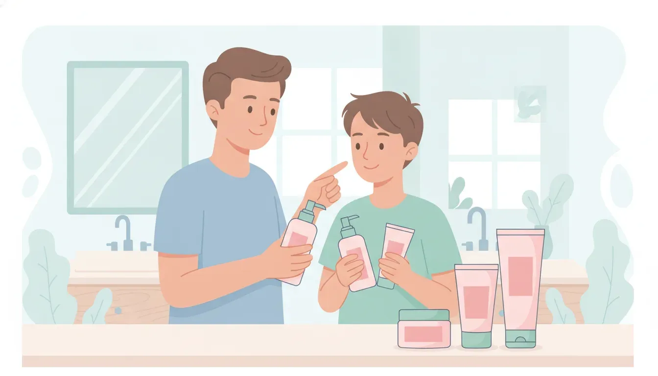 A teen and parent compare a simple cleanser, moisturizer, and sunscreen routine for oily and dry facial areas