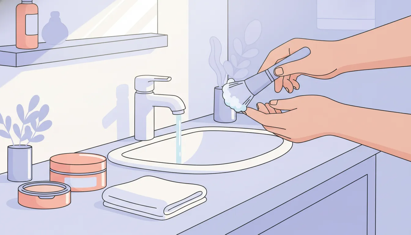 Hands washing an unbranded makeup brush beside a closed cosmetic compact and white towel