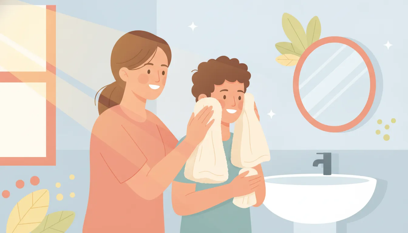 Parent helping a young person gently pat skin dry after washing