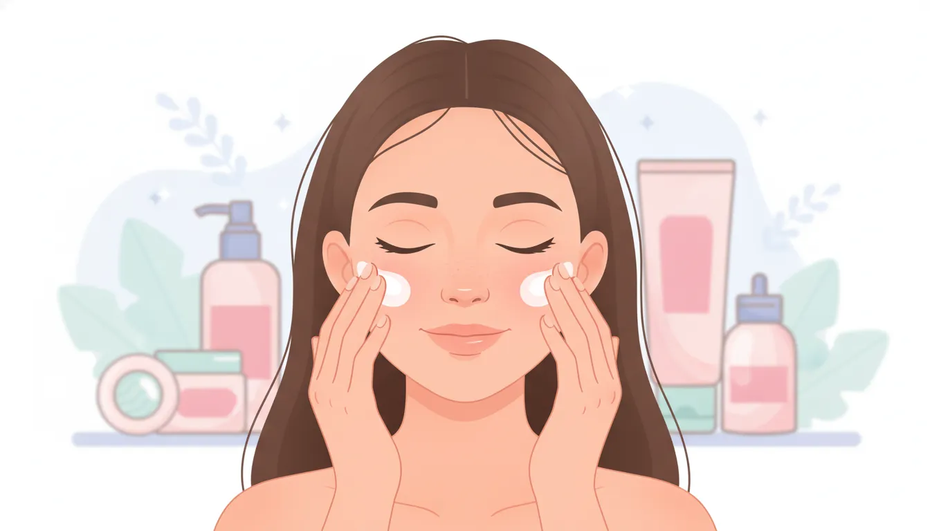 A teen gently patting moisturizer onto her cheeks as part of a simple vitamin E skincare routine