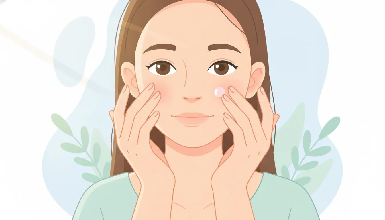 A teen girl gently applying moisturizer to her cheek during a calm morning self-care routine
