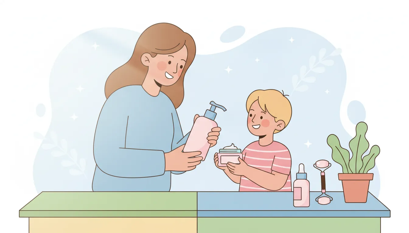Parent and young person arranging a gentle cleanser and moisturizer in a bright bathroom