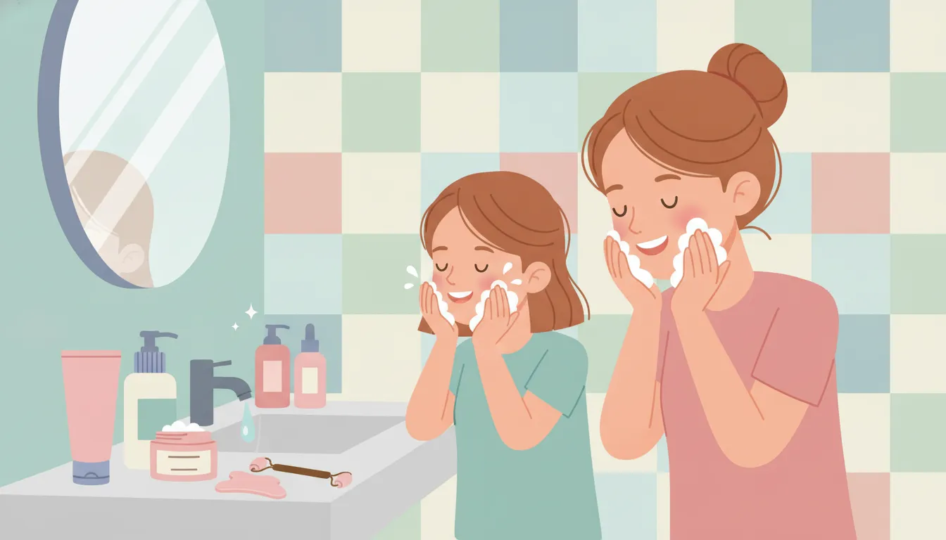 Parent and tween demonstrating a gentle face-washing routine