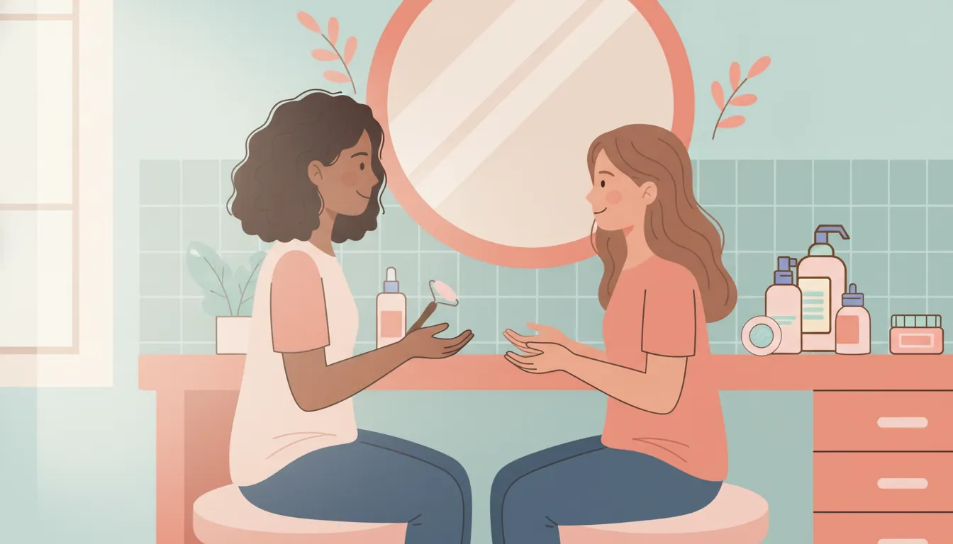 Parent and teen comparing a teen skincare brand and an age-appropriate routine