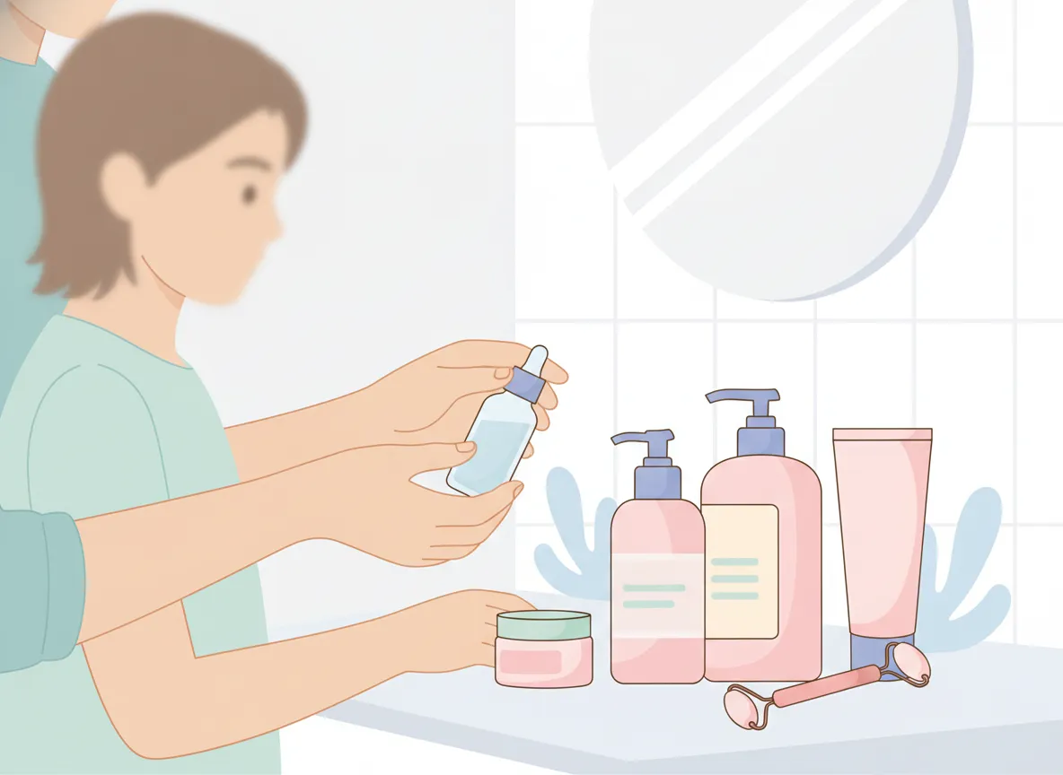 Tween applying a simple three-step skincare routine at a bathroom mirror