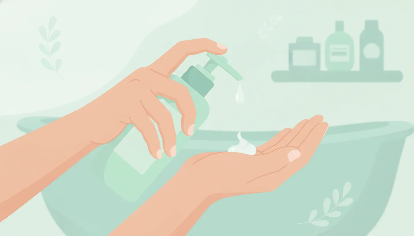 Teen gently pressing cleanser from a pump bottle as part of a calming skincare routine