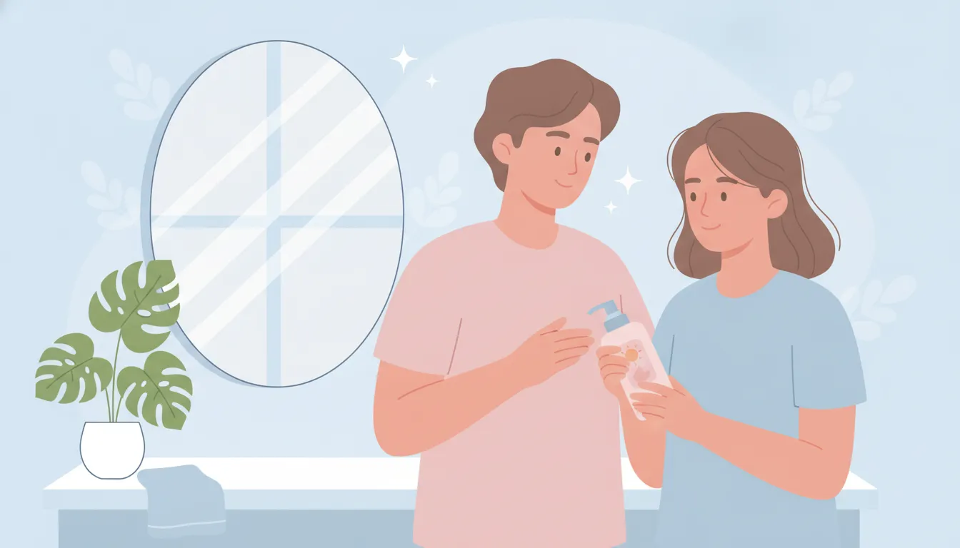 Parent and teen reviewing sunscreen condition before an outdoor routine