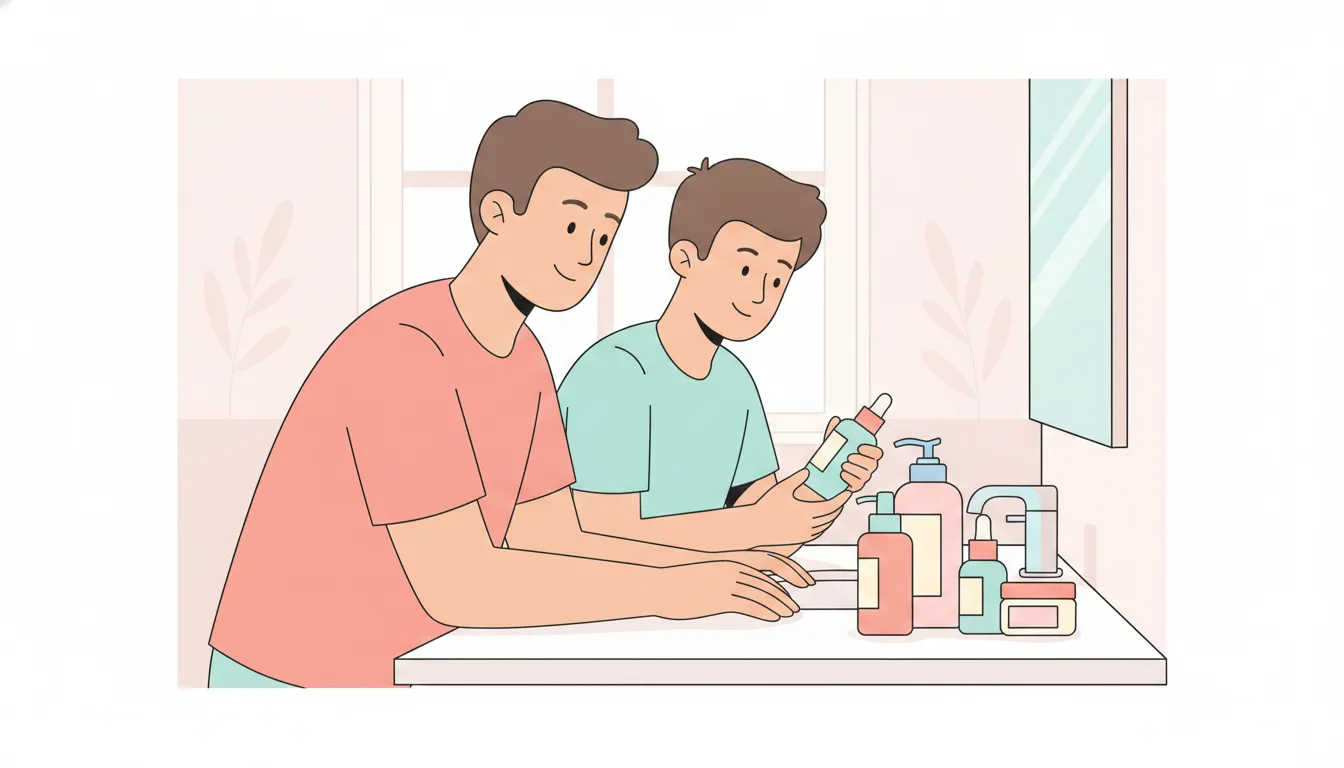 Adolescent applying moisturizer before mineral sunscreen in a bright bathroom