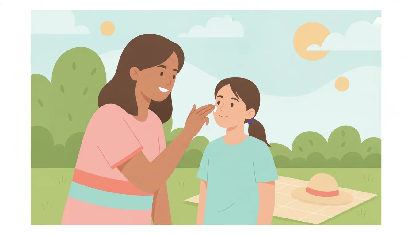 Parent helping a tween apply mineral sunscreen outdoors