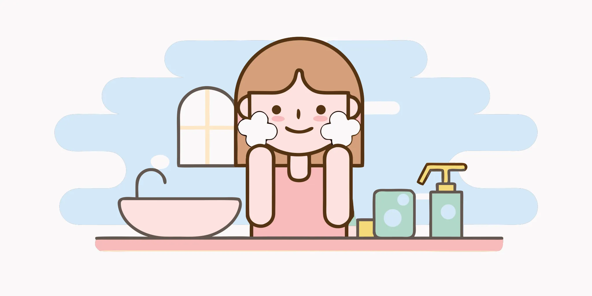 A teenage girl smiling in a bright bathroom during her daily skincare routine