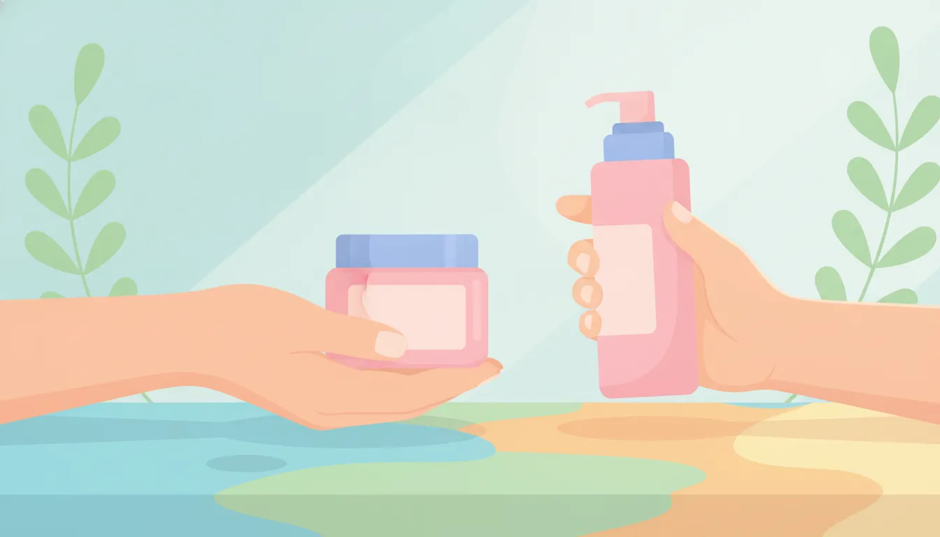 Parent and teen comparing unbranded skincare ingredient labels at a bathroom counter