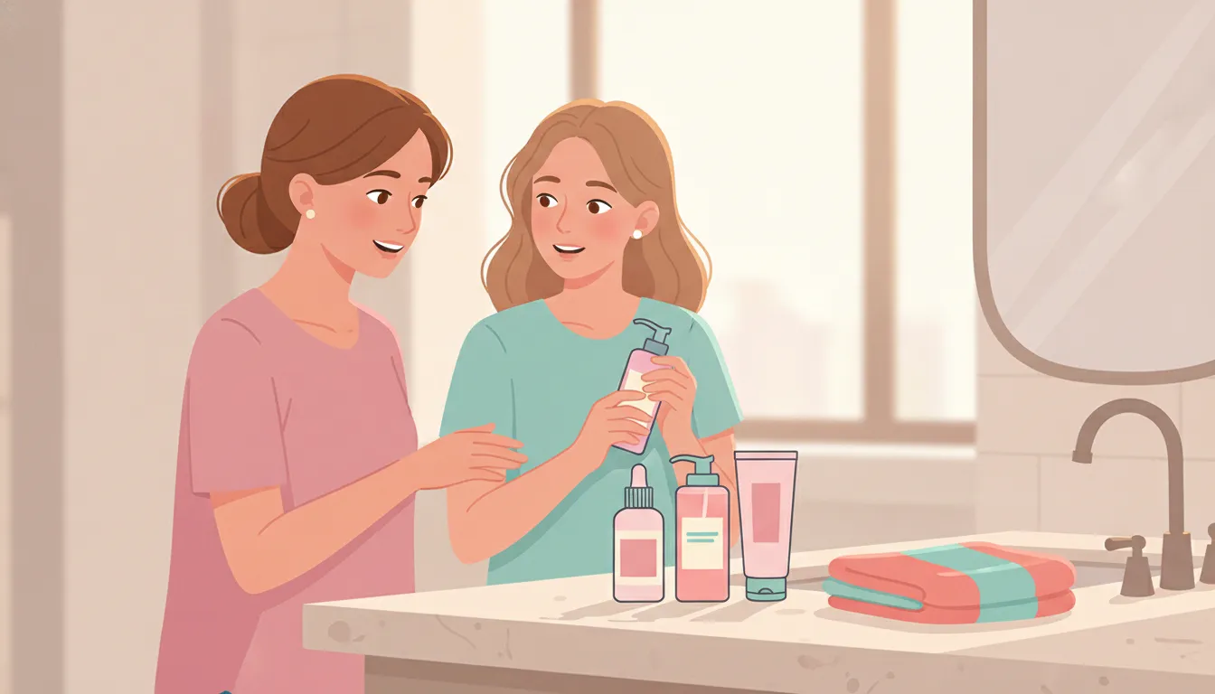 Healthy skincare education as a parent and teen organize a gentle daily routine