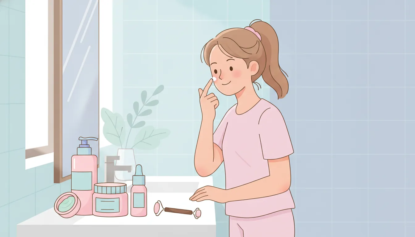 A teenage girl applying mineral sunscreen to her cheek during her morning skincare routine