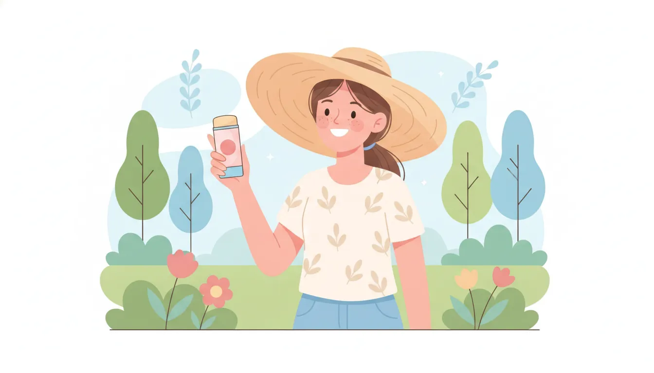 A teen girl outdoors in summer sunlight wearing a wide-brim hat and holding a sunscreen stick