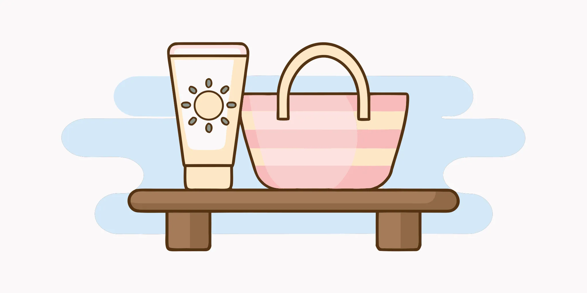 A clean, bright photo of a dermatologist-recommended mineral sunscreen tube sitting next to a colorful dance bag on a wooden bench, soft light.