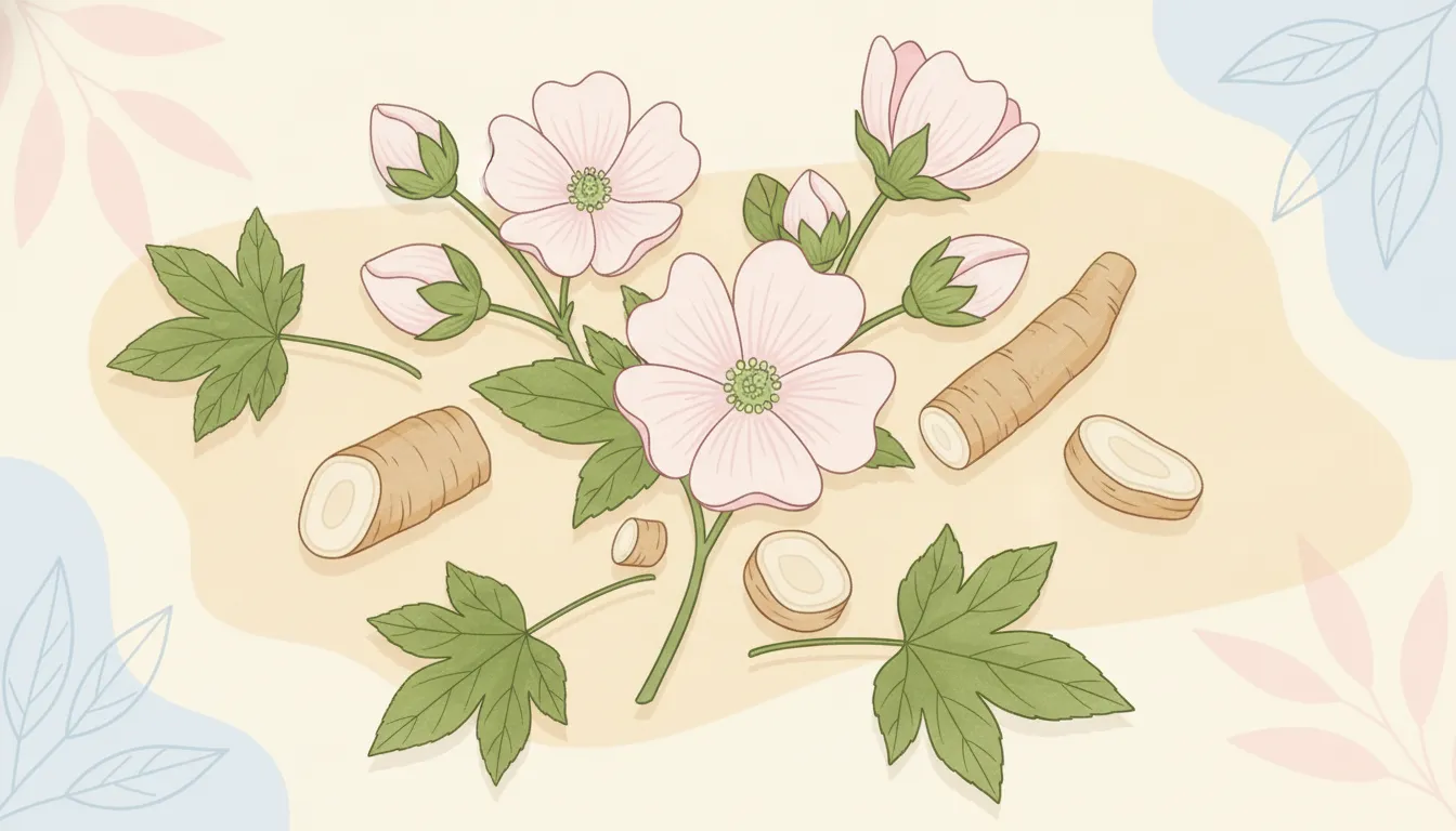 Marshmallow flowers and root illustrating a skincare ingredient guide