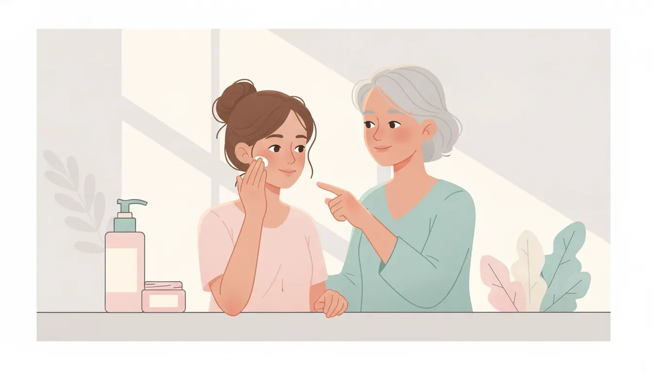 A teen’s simple routine with cleanser, moisturizer, and sunscreen arranged on a counter