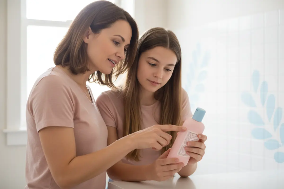 Parent and teen checking a facial cleanser ingredient list together