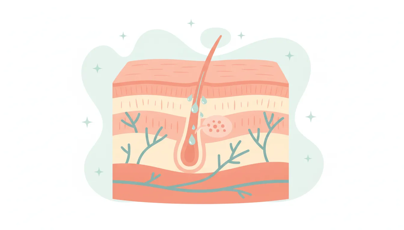 Educational illustration of a sebaceous gland beside a hair follicle and sebum reaching the skin surface