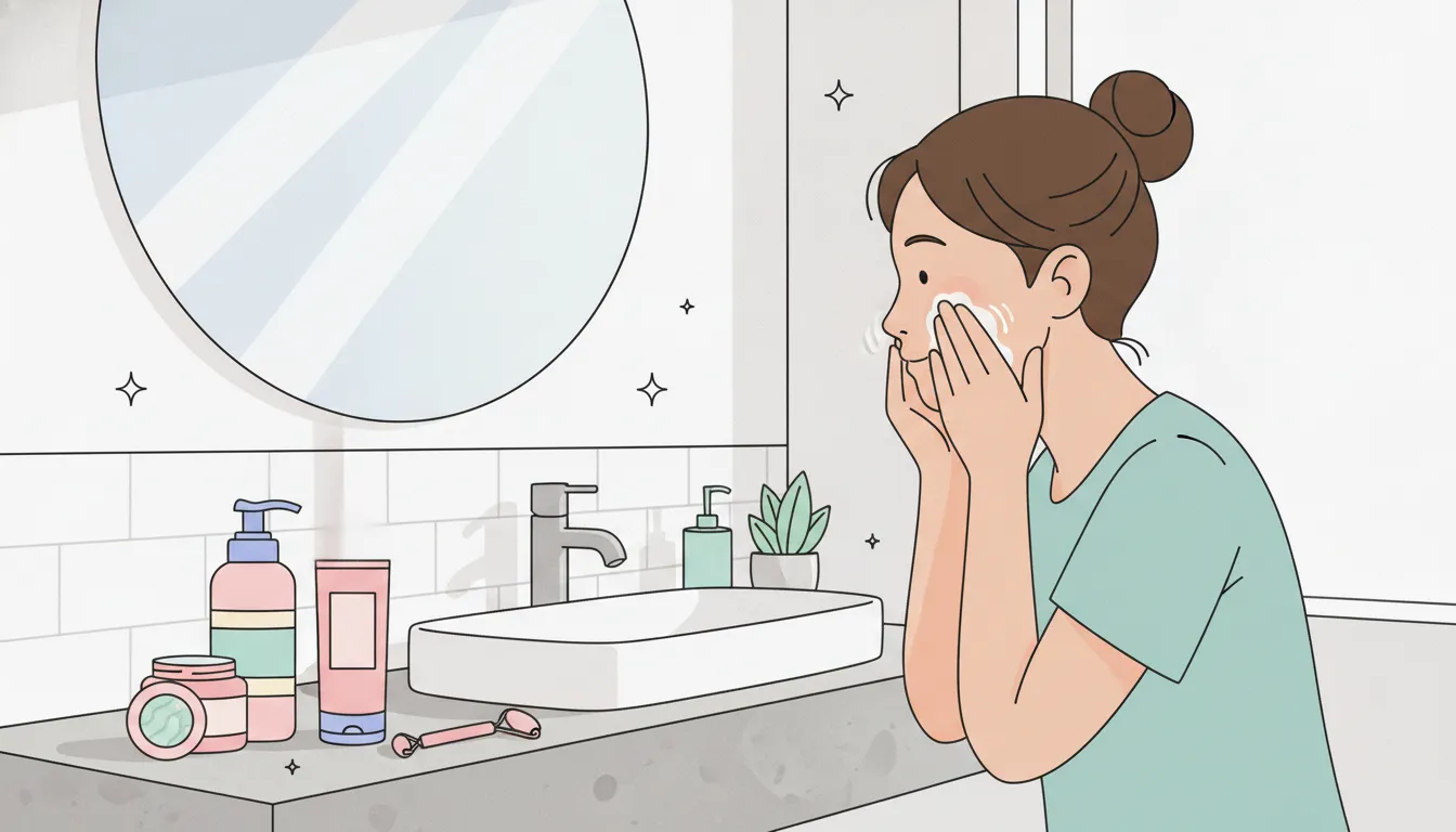 Teen gently cleansing at a bright bathroom sink during a simple skincare routine