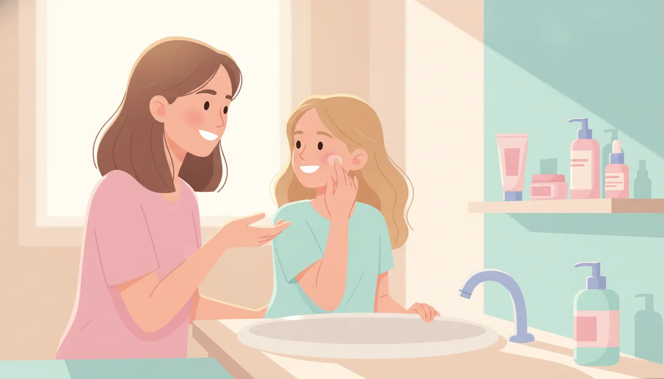 Tween gently applying cleanser during a simple skincare routine