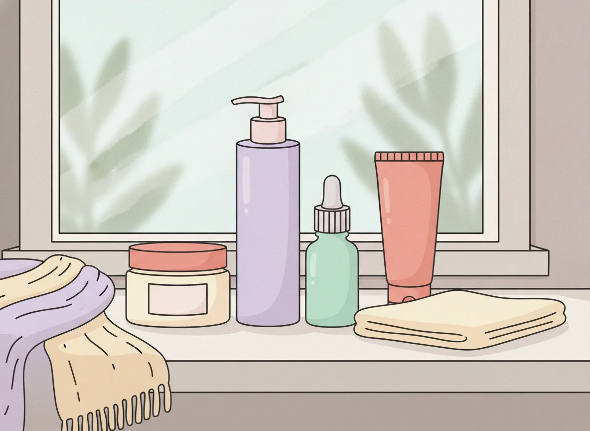 Unbranded cleanser, moisturizer, and sunscreen arranged on a winter bathroom shelf
