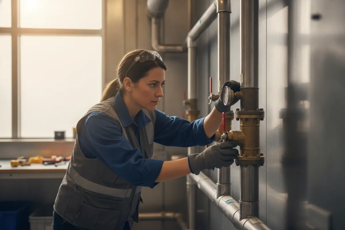 Plumber examining commercial pipes beneath a business